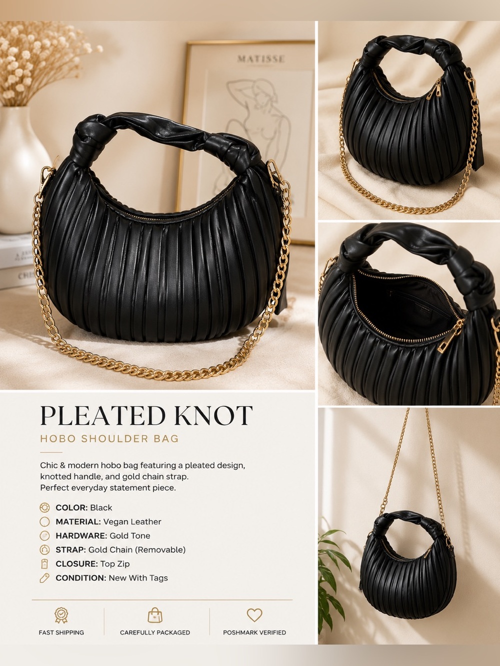 Black California Chic Knot-Handle Pleated Shoulder Bag with Gold Chain